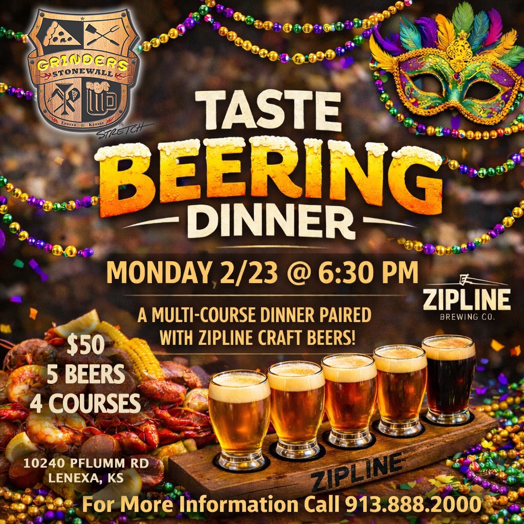 Flyer for Mardi Gras Taste Beering At Grinders Stonewall. 5 Beers, 4 Course, $50
