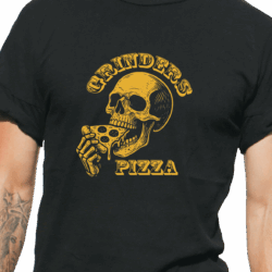 Image of graphic shirt featuring a Yellow skull eating a slice of pepperoni pizza with text saying "Grinders Pizza"