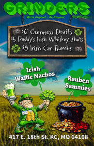 Flyer for Grinders drink & food specials for Saint Patricks Day 2026
