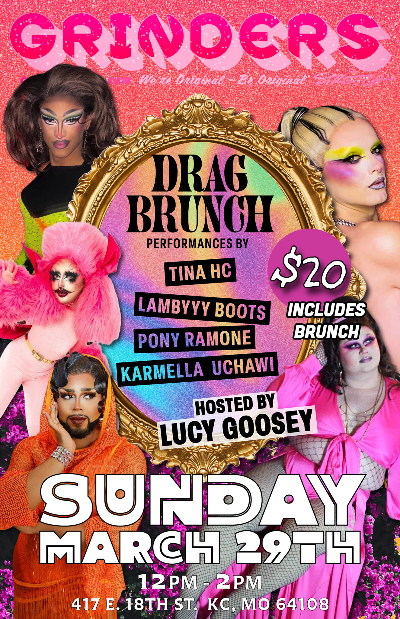 Flyer for Drag Brunch. Hosted by Lucy Goosey on March 28th @ noon. $20