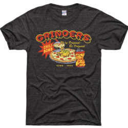 Grinders & Charlie Hustle collaboration T-shirt featuring Grinders Famous Chili Bomb on a pizza