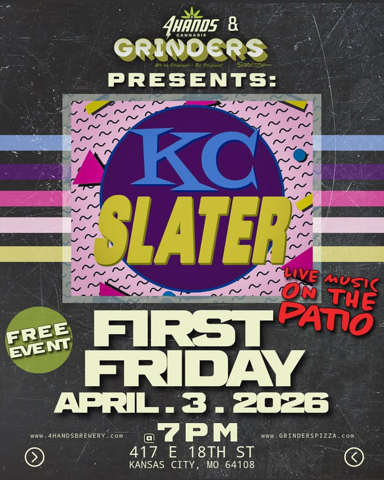 Flyer for KC Slater performing on the Grinders XRDS patio April 3 @ 7pm - Free event
