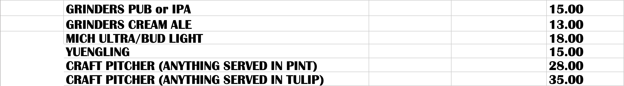 List of Beer Pitchers available at Grinders XRDS