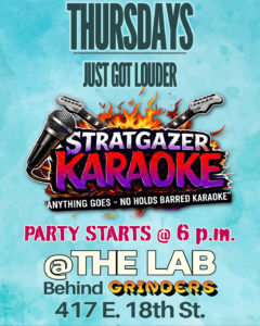 Flyer for Stratgazer Karaoke every Thursday at The Lab behind Grinders XRDS
