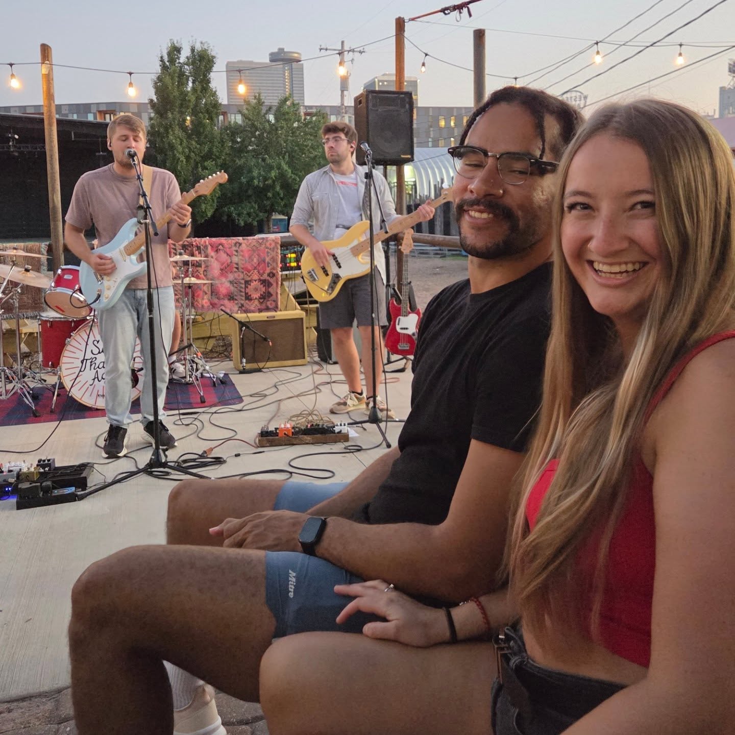 Close up of fans near the stage enjoying a Wednesday Wave performance on the Grinders patio