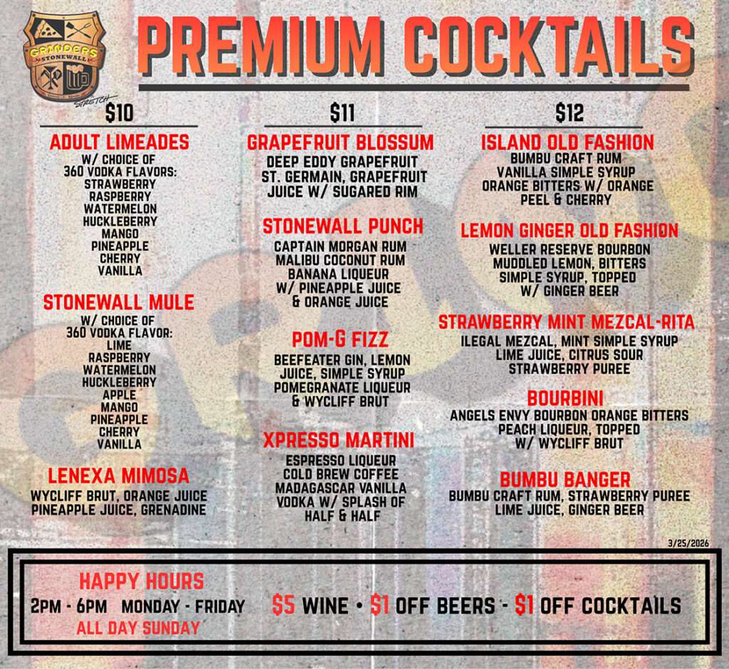 Grinders Stonewall Premium Cocktail Menu