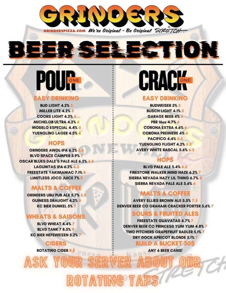 Beer menu for Grinders Stonewall, both tap and cans