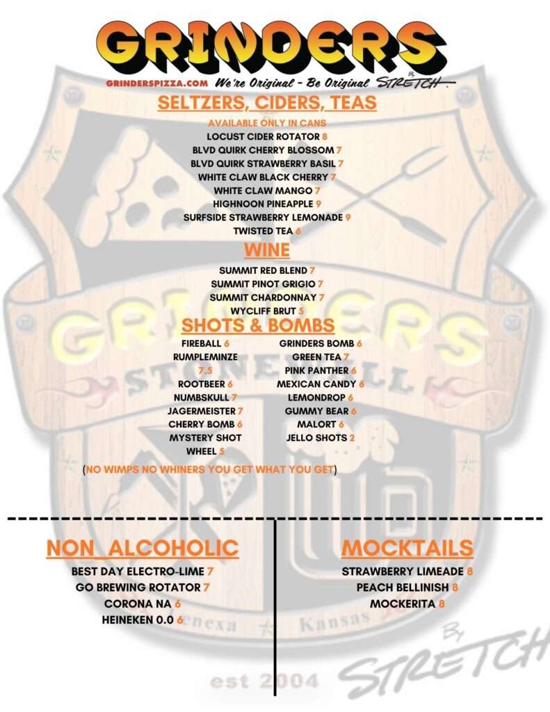 Menu of Seltzers, Ciders, Teas, Wine, Shots, & Non-Alcoholic offerings for Grinders Stonewall.