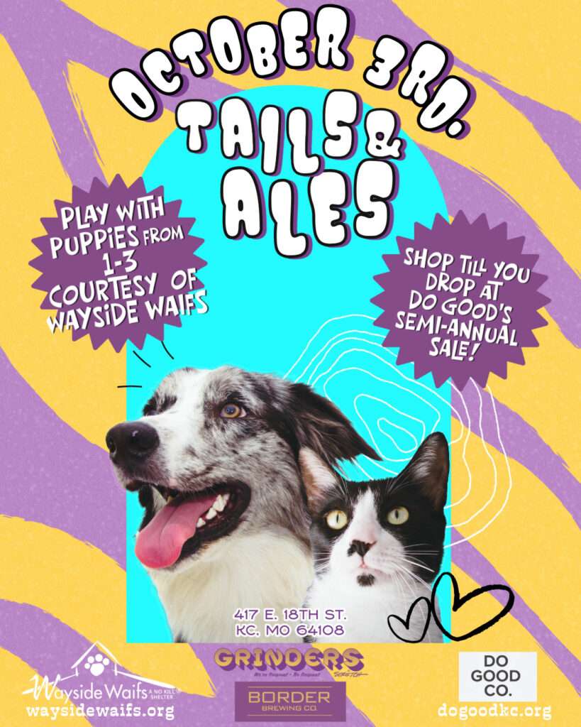 Flyer for Tales & Ales - a pet adoption event in collaboration with Wayside Waiffs, Border Brewing, & Do Good Co. October 3rd, 1-3pm
